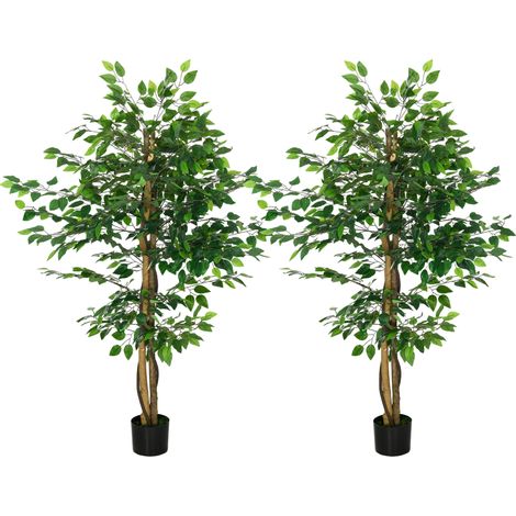 Lot de 2 plantes artificielles ficus hauteur 1,50 m tronc branches liane lichen feuilles grand réalisme pot inclus vert