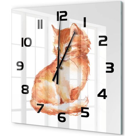 Grande Horloge Murale Carrée Chambre Bureau Verre Silencieuse Design Moderne Élégant Chat roux 60x60 cm (1/5)