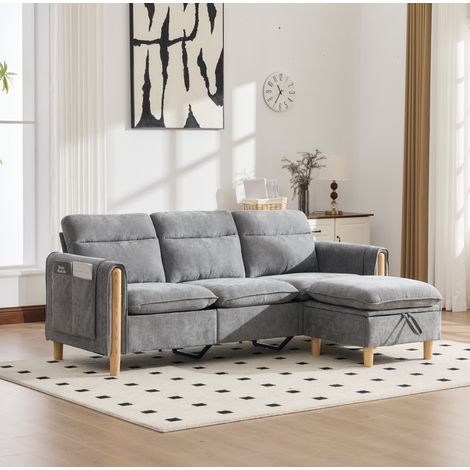Canapé d'angle 201x77x86 cm en tissu chenille gris, modulable avec rangement pour salon FloraGrace (1/5)