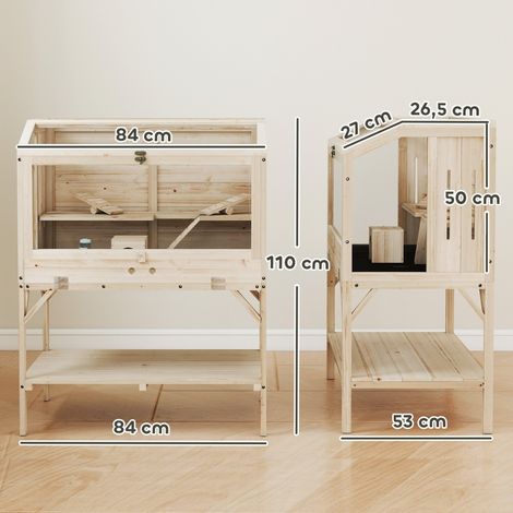 Cage à hamster bois naturel 2 étages 84x53x110cm compartiment de rangement accessoires, habitat compact et pratique pour petits rongeurs (1/5)