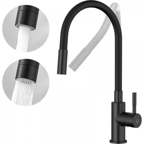Mitigeur de Cuisine Noir avec Flexible Rabattable et 2 Types de Jets - Eau Chaude et Froide pour Évier Moderne (1/5)