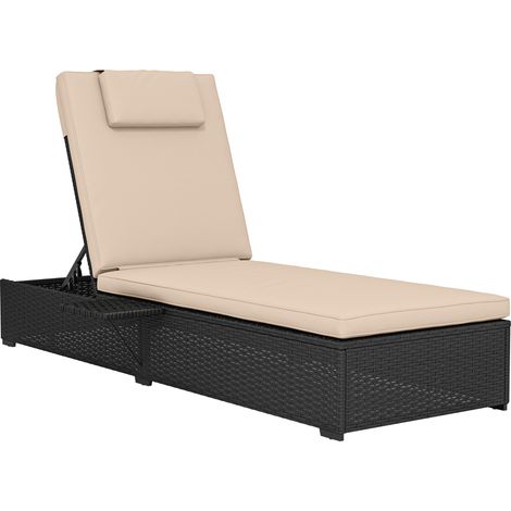 Outsunny Rattan Sun Lounger, Garden Recliner w/ 5-Level Back, Cushion, Black