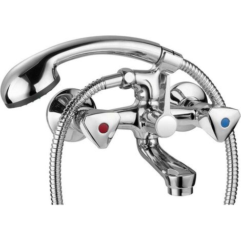 Mitigeur bain-douche à deux poignées – Entraxe 15 cm – Douchette avec rosaces et raccords en S – Finition chrome – Matériau laiton – Nemo (1/2)