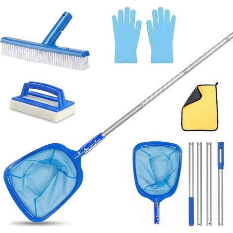 Epuisette Piscine avec Manche Telescopique 188cm, Epuisette Piscine Maille avec Brosse Piscine, Kit de Piscine Nettoyage avec Brosse de Piscine et Chiffon de Nettoyage pour Piscines (Bleu B) (1/5)