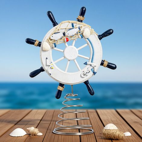 Roue De Barre Nautique - Sommet D'Arbre De Noël En Bois - Thème Plage Avec Coquillages Et Cordes - Diamètre 21 Cm Hauteur 30 Cm - 1 Pièce (1/5)
