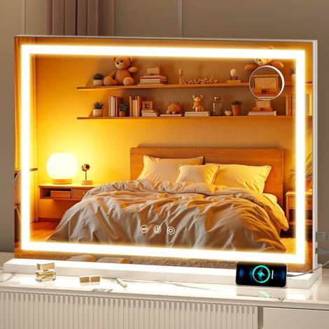 Miroir de beauté avec lumières, 70 x 50 cm Miroir de Maquillage LED avec grossissement 10x et 3 températures de Couleur, Miroir de Table à Commande Tactile, Rotation à 360°, carré Blanc (1/5)