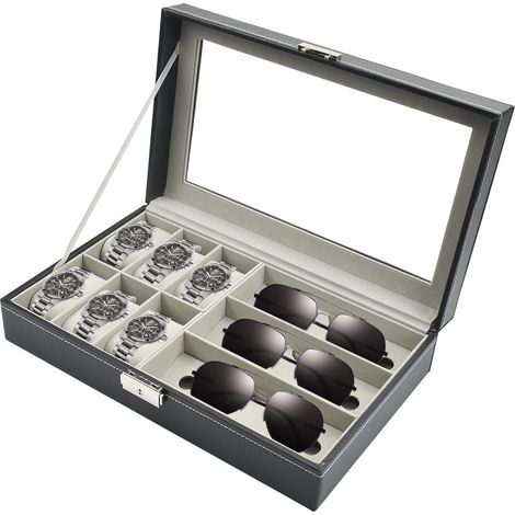 Scatola porta orologi e occhiali, scatola in legno per orologi, scatola per orologi a 6 scomparti, astuccio per occhiali con vetrina in vetro per occhiali e orologi (1/5)