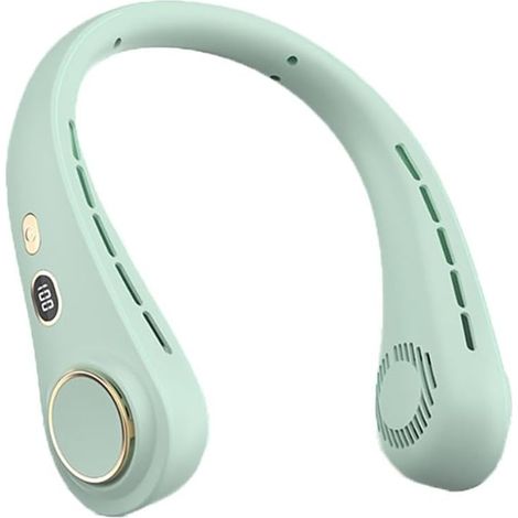 Ventilateur de Cou Portable 5 Vitesses écran LED Refroidissement Mains Libres Intérieur Extérieur Vert Menthe- (1/4)