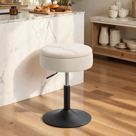 Tabouret de Bar avec Rangement Hauteur Ajustable Tabouret de Cuisine Rond Pivotant Tissu Chenille Beige