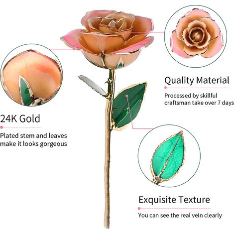 Rose en or 24 carats, rose et blanche, cadeau éternel à longue tige trempée, faite à la main (1/5)