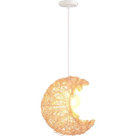 Suspension Luminaire en Rotin et Bois Rétro Lustre Plafonnier Abat-jour Lune Moderne E27 Éclairage de Plafond Vintage Lampe Suspension pour Chambre D'enfant, Salon, Café, Restaurant [Classe énergétiqu (1/5)