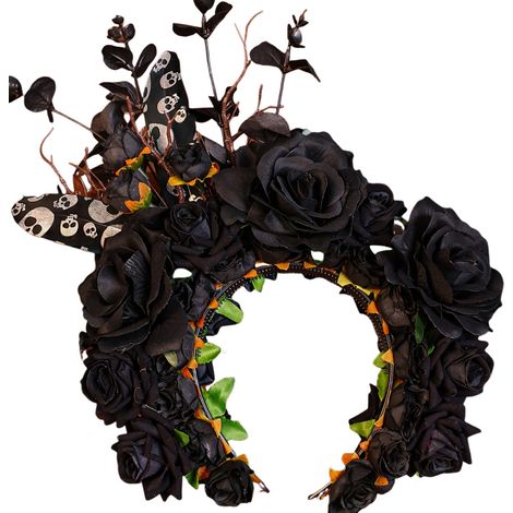 Bandeau gothique d'inspiration vintage orné de squelettes, de fleurs et de papillons, idéal pour Halloween, en noir (1/3)