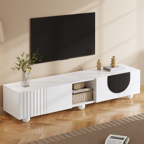 Support TV moderne en bois, meuble bas design unique, console TV 180x40x41,5 cm, étagère télé, rangement élégant, panneau mural optionnel. (1/5)