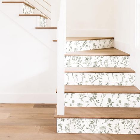 Lot de 15 autocollants d'escalier pour escaliers - Blanc - Pour la maison, le bureau, la décoration des marches d'escalier - Fleurs vertes mousse (1/5)