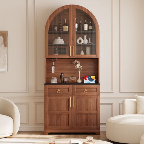 Vaisselier Buffet Haut 80x40x180 cm, Vitrine Arche LED App et Prises USB Rangement Cuisine, meuble de cuisine - Rétro Noyer