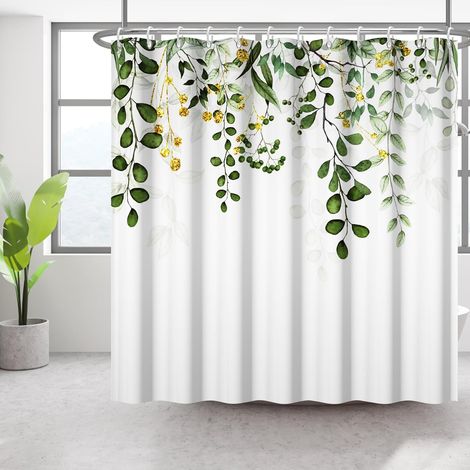 Rideau de Douche Feuille d'eucalyptus Vert Feuille de Plante imperméable avec Fleur d'or Rideau de Douche Disponible pour la Salle de Bain familiale avec 12 Crochets 175x178cm (1/5)