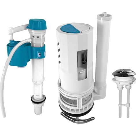 Kit de remplacement pour toilettes monobloc – comprend le bouton, la soupape de chasse d'eau et la soupape d'arrivée d'eau. (1/4)