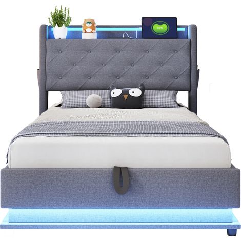 CHICFURN lit enfant rembourré gris avec rangement hydraulique tête de lit relevable et éclairage 90 x 200 (1/5)