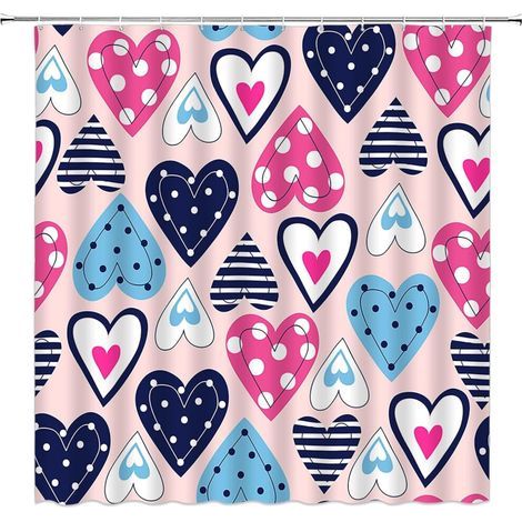 Rideau de douche pour la Saint-Valentin – Motif cœurs roses, bleus et bleu marine, design bohème romantique, 36 x 70 pouces, avec crochets, compatible avec les tringles à rideaux de douche standard. (1/5)