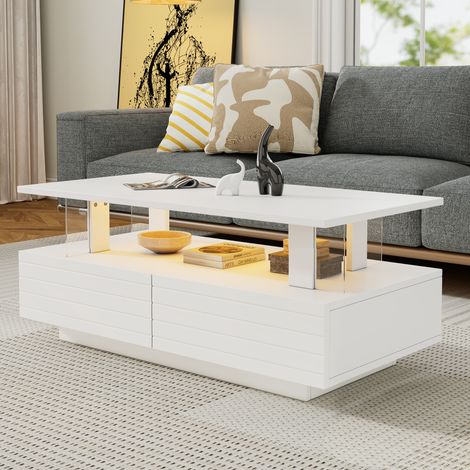Mesa de centro 100x50x42 cm blanca de acrílico con LED, 2 cajones y estante abierto (1/5)
