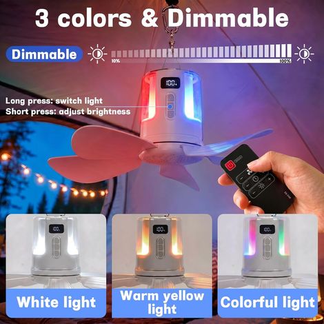 Ventilateur de tente RGB portable de 40 cm, à suspendre au plafond, batterie 10800 mAh, télécommande, 4 vitesses, rechargeable par USB, lumière blanche chaude, idéal pour le camping. (1/5)