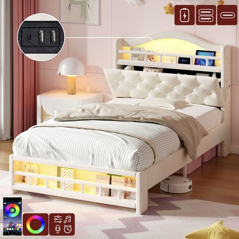 3ft Single Upholstered Velvet Bed Frame, LED Bed Frame with Charging Station & Diamond Tufted Headboard, Concealed Headboard Storage with USB and Type - C Ports, Easy Assembly, Beige (No Mattress)