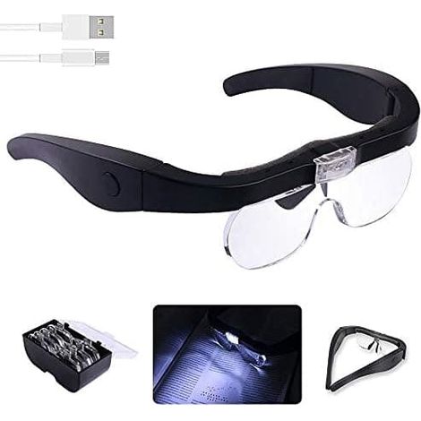 Loupe frontale avec 2 lampes LED, chargement USB, mains libres, en verre (1/5)