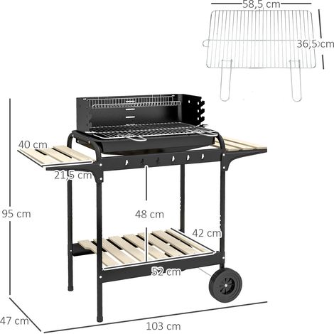 Barbecue à charbon de bois en métal avec roulettes, grille réglable en hauteur, étagère à bois, chariot mobile, idéal pour barbecue, camping et terrasse, 103 x 47 x 95 cm