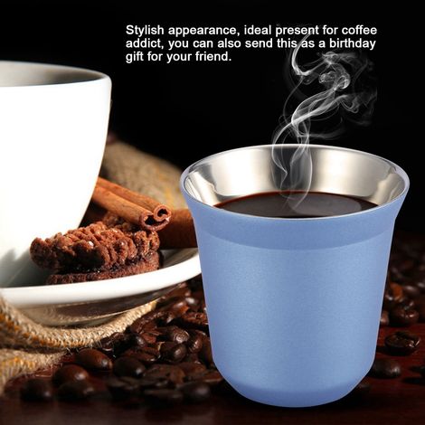 Tasse à café bleu acier inoxydable, mug bière double paroi 85ml, gobelet thé isolant pour boisson, verre thermos portable. (1/5)