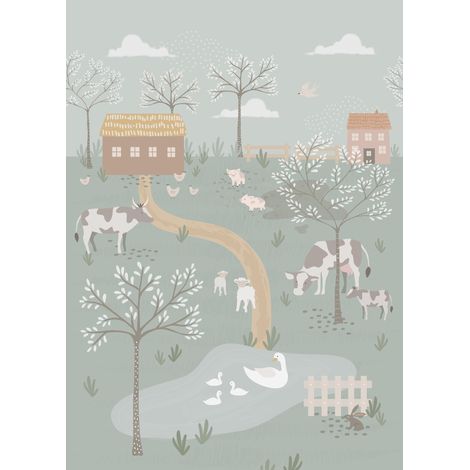 papier peint panoramique les animaux de la ferme vert grisé  - ESTAhome (1/5)