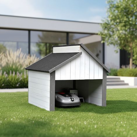 Holzgarage Mähroboter Grau / Weiß Garagen Dach Rasenroboter Carport Rasenmäher UV Schutz Mover Sonnenschutz Unterstand Gerätehaus (1/5)