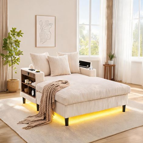 Méridienne en velours côtelé beige lin avec repose-pieds 327 x (1/5)