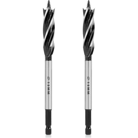 2PCS Mèche à Bois Professionnelle 15mm x 165mm, Foret à Tarière en Acier Haute Teneur en Carbone, Mèche à Bois Auto-alimentée avec Tige Hexagonale 1/4 Pouce, Perçage Précis et Rapide (15MM-2PCS) (1/5)