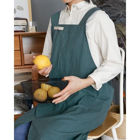 Grembiule in cotone e lino stile giapponese con spalline incrociate, grembiule da donna con tasche, tinta unita, letteratura, arte, grembiule casual per uomo e donna, cucina, bar, fiorista, taglie for (1/4)