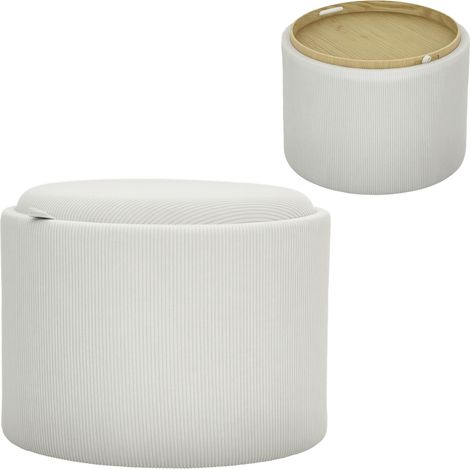 Tabouret de rangement rond blanc crème - Velours côtelé, repose-pieds avec espace de rangement, MDF (1/5)