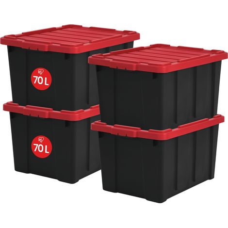 Caisse Rangement avec Couvercle Robuste, 68L, Lot de 4, Rouge, Compact, Durable, Empilable, pour Garage, Etagères, Déménagement, Plastique, Boite a Outils, Bac de Rangement, DDSKT-700 (1/5)