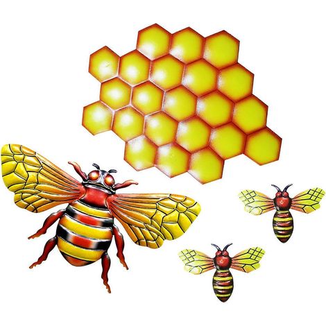 Bienen- und Waben-Dekorationsset mit 4 schmiedeeisernen Ornamenten für Haus, Garten und Terrasse – ideal als Wanddekoration oder kreatives Geschenk.