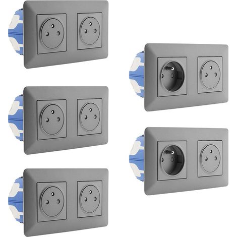 Lot de 5 doubles prises 2P+T 16A livrée avec boîte d'encastrement Titanium - Artezo - Zenitech