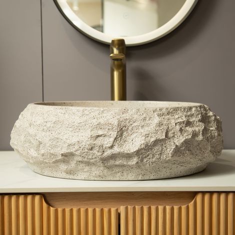 Vasque ovale irrégulière en résine de 45 cm de diamètre, motif pierre, style artistique, sans robinetterie, couleur beige. (1/4)