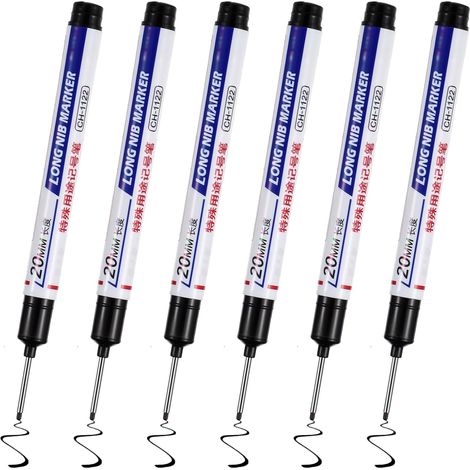 Lot de 6 marqueurs à trous profonds, 20 mm, pointe extra longue, en plastique, pour bois, plastique, mur, métal, carton, chantier, noir (1/5)