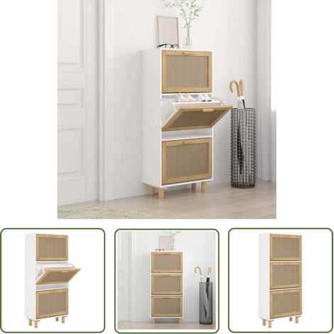 The Living Store Schuhschrank Weiß 52x25x115 cm Holzwerkstoff & Rattan Natur - Schuhschrank - Holzschrank - Schrank Weiß - Garderobe - Einbauschrank (1/5)