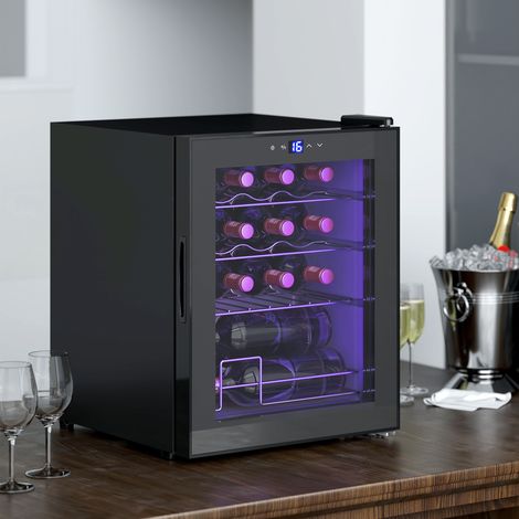 Cave à vin noire 42L capacité 16 bouteilles réfrigérateur mixte vins et sodas, large plage de température ajustable 5 à 18°C et porte en verre anti-UV