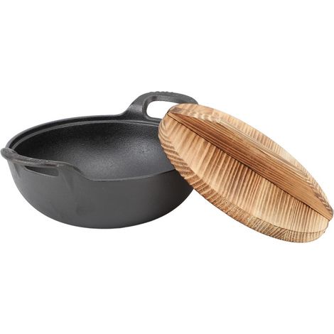 Wok en fonte avec couvercle en bois à 2 poignées, fond plat, sans revêtement, idéal pour sauter, griller et cuire à la vapeur des plats asiatiques et chinois authentiques. 20 cm / 7,9 pouces. (1/5)