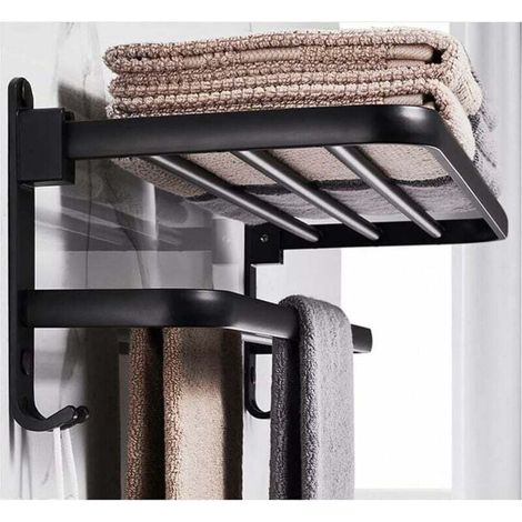 Porte Serviettes Salle de Bains, Étagère de Rangement Pliable Montée , Espace aluminium, Porte Serviette Salle de Bain Mural (50cm,Noir) (1/4)