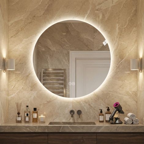 Miroir rond LED salle de bain 80cm antibuée 3 lumières réglables tactile mémoire verre sans cuivre 5mm éclairage rétroéclairé (1/5)