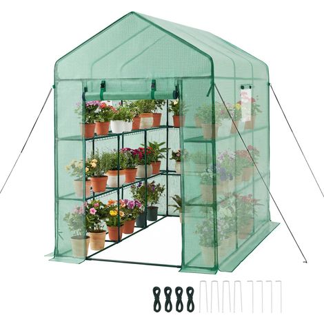 Serre de Jardin avec 14 Étagères 2 Niveaux Serre de Jardin pour Plantes et Fleurs en Pot, avec Bâche en PE, 2 Fenêtres, Porte Zippée Enroulable, Charge par Niveau 15 kg, 137x206x196 cm, Vert (1/5)
