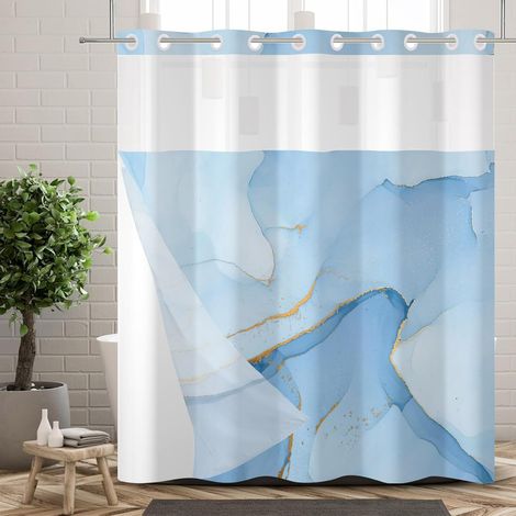 Rideau de Douche sans Crochets avec Doublure Amovible, Double Couche, Motif marbre Bleu et Or, décoratif pour Salle de Bain, en Maille Transparente, imperméable et Lavable, 180x188cm (1/5)