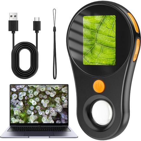 Microscopio portátil 200X para adultos/niños, mini microscopio de bolsillo con pantalla IPS de 2,0" y 8 LED ajustables, microscopio digital recargable, compatible con PC View y Windows - Negro (1/5)