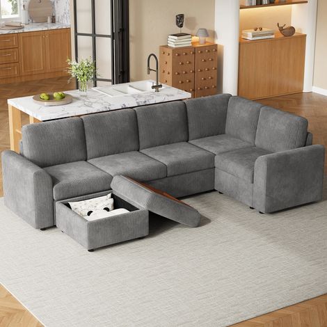 Modernes Sofa im modernen Stil,Corduroy L-förmiges Ecksofa mit Armlehnen, 1 beweglicher multifunktionaler Hocker, einfache Montage, hochdichter Schaumstoff, gray (B282 × H85 × T153 cm).