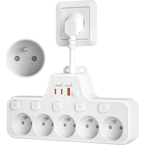 Multiprise avec Interrupteur,Multiprise 5 Prises Française avec Terre 2P+T Prise Multiple Murale avec USB C Charge Rapide PD20W,Interrupteur Individuel,Parafoudre et Surtension,Câble Court 0.1m,Blanc (1/5)